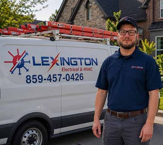 Lexington Electrical & HVAC technician Danny standing in front of a branded service van at a Lexington home
