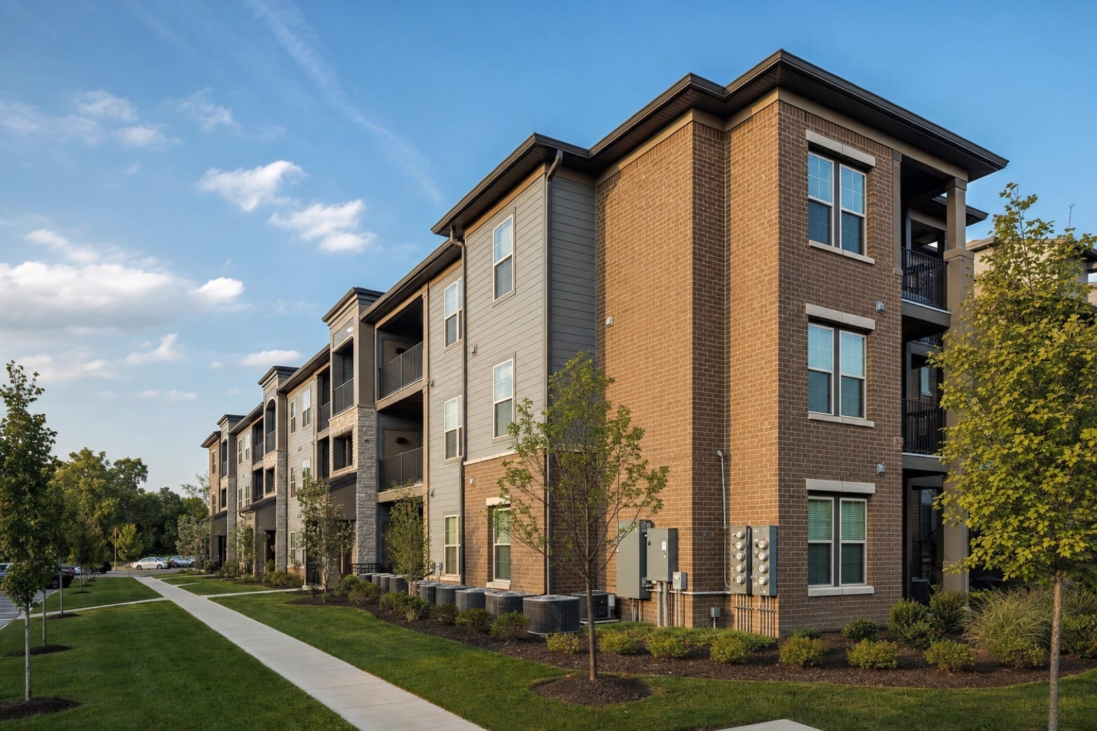 Modern multi-family apartment community in Lexington, Kentucky with HVAC condenser units and electrical meter banks along the building.